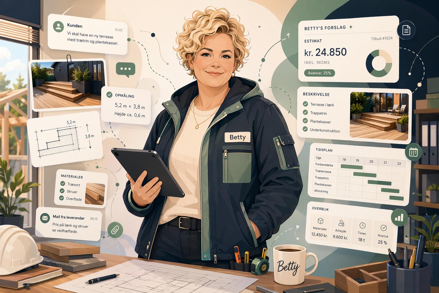 Betty står med en tablet og bygger et tilbud ud fra kundens besked og et billede. Ved siden af ses estimat, beskrivelse, materialer, tidsplan og overblik.