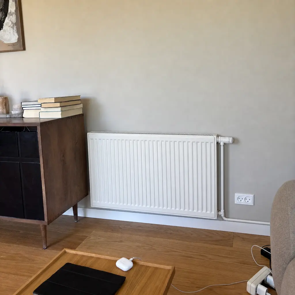 Efter: Bettys AI-genererede billede med en monteret radiator på væggen.
